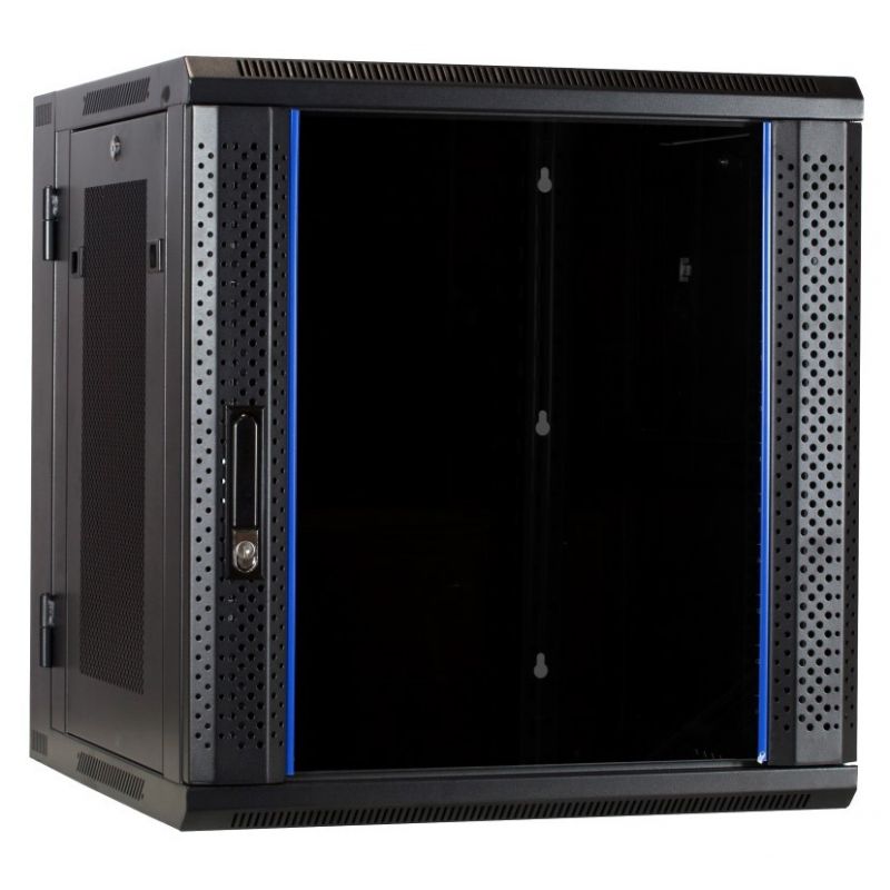 12U wandkast (kantelbaar) met glazen deuren geperforeerde zijwanden 600x600x635mm (BxDxH)